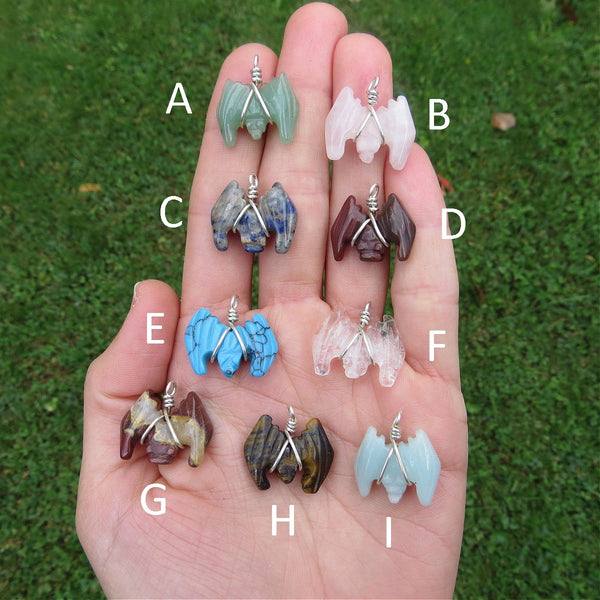 Carved Crystal Bat Necklace | Halloween Stone Bat Jewelry