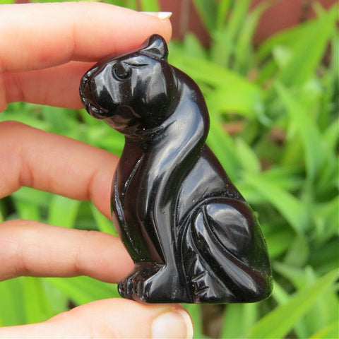 Black Obsidian Crystal Panther Figurine 2.25" | Carved Stone Cat Animal