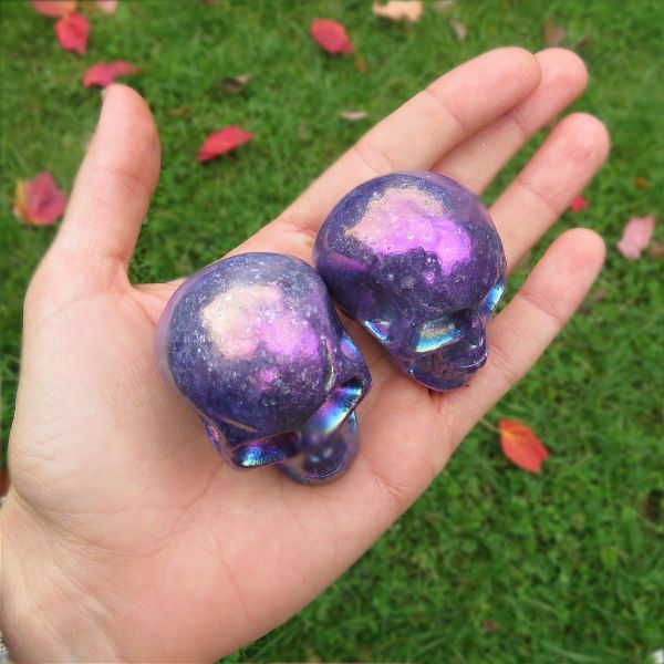 Purple Rainbow Aura Quartz Crystal Skull Stone 1.75"