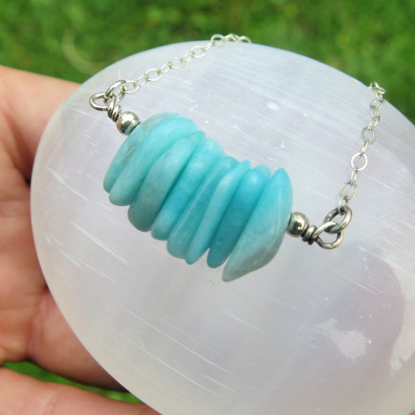 Blue Amazonite Necklace w/ Stone Chips for Calming Energy