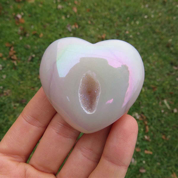 Rainbow Aura Agate Crystal Heart Carving 1.75" w/ Druzy Stone