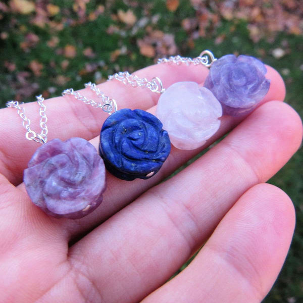 Carved Crystal Flower Necklace | Rose Stone Necklace