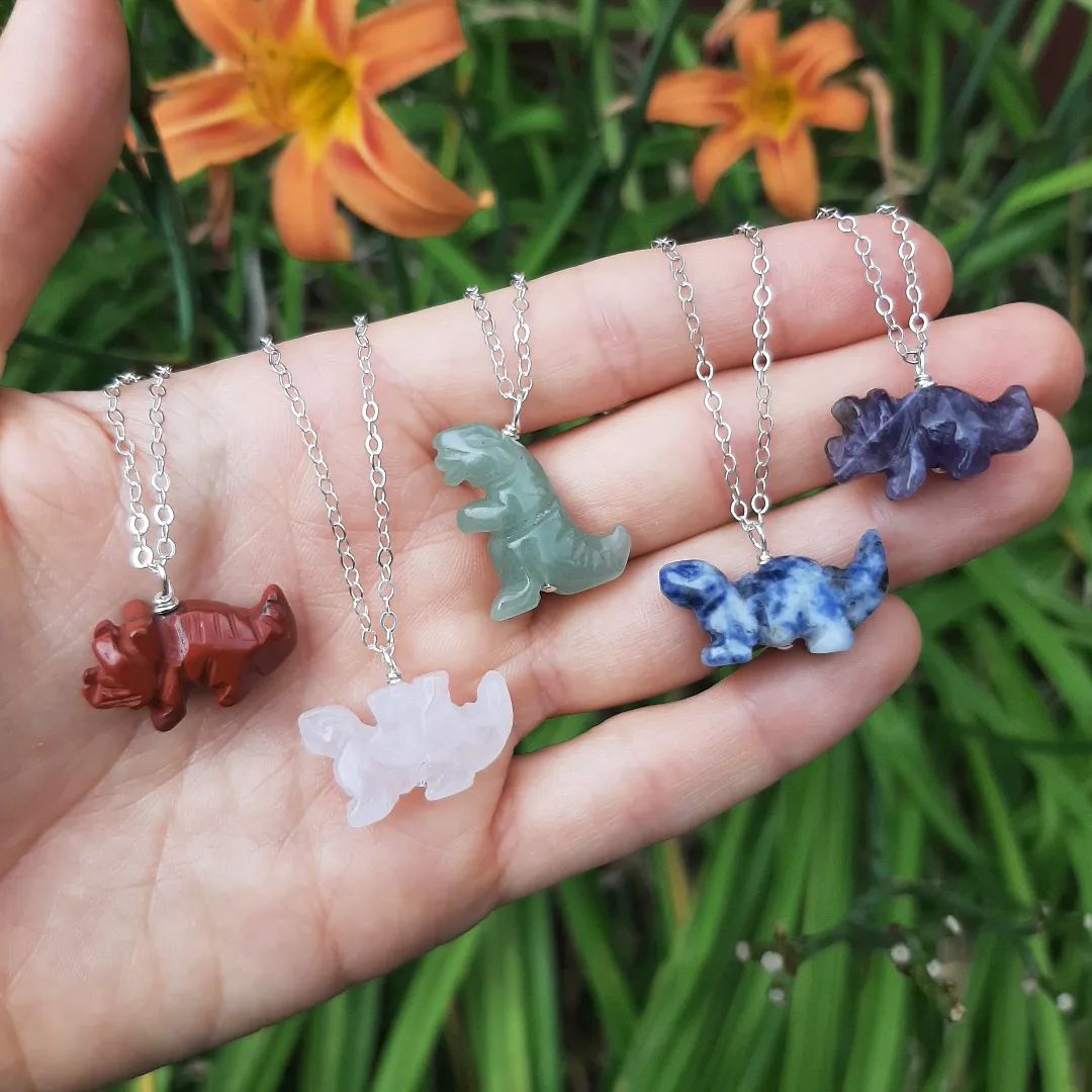 Crystal Dinosaur Necklace | Carved Stone Dinosaur Jewelry