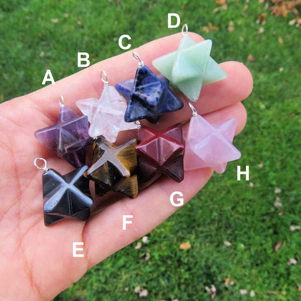 Crystal Merkaba Necklace | Carved Stone Merkaba Star Tetrahedron | Metatrons Cube