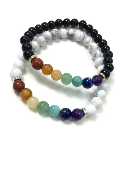 Healing Crystal 7 Chakra Bracelet w/ Round Stone Beads - White or Black