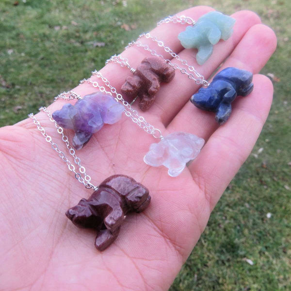 Mini Crystal Bear Necklace | Carved Stone Bear Animal Necklace