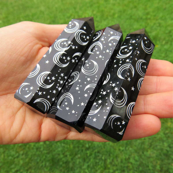 Black Obsidian Crystal Point with Moon and Stars Etching