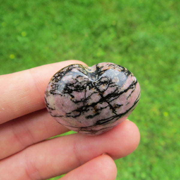 Pink & Black Rhodonite Puffy Heart 1.25" | Carved Crystal Heart Stone