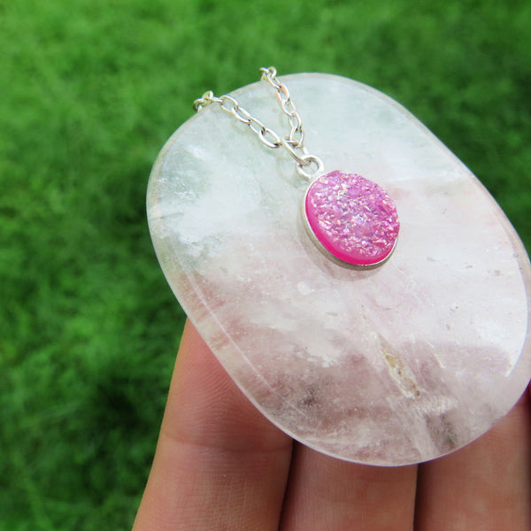 Pink Quartz Druzy Necklace in Silver | Crystal Choker | Druzy Jewelry