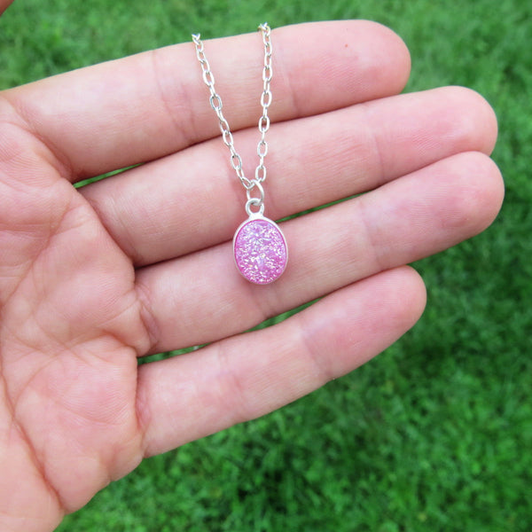 Pink Quartz Druzy Necklace in Silver | Crystal Choker | Druzy Jewelry
