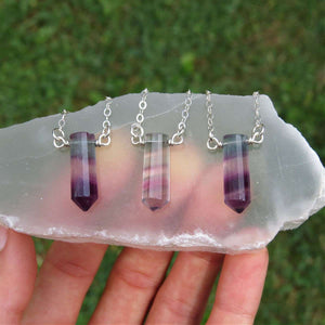Rainbow Fluorite Point Crystal Necklace Sterling Silver