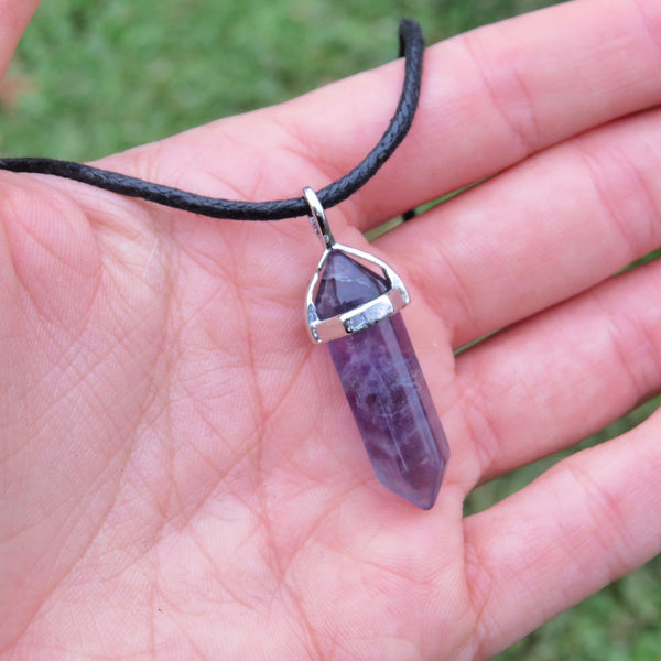 Fluorite Point Necklace - Silver on Black Cord