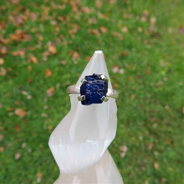Raw Blue Sapphire Stone Ring in Sterling Silver