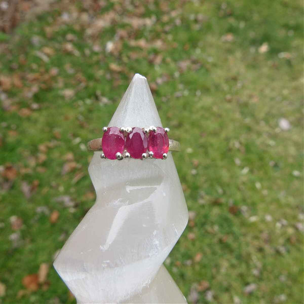 Pink Ruby Ring in Sterling Silver - Faceted 3 Stones