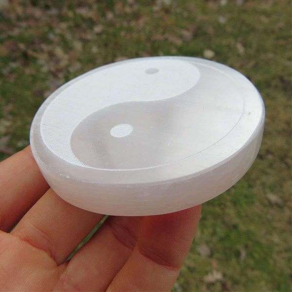 Selenite Charging Plate 2.75" | Round Etched Yin Yang Symbol