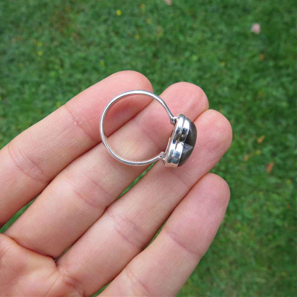 Silver Sheen Obsidian Stone Heart Ring in Sterling Silver Size 7.25