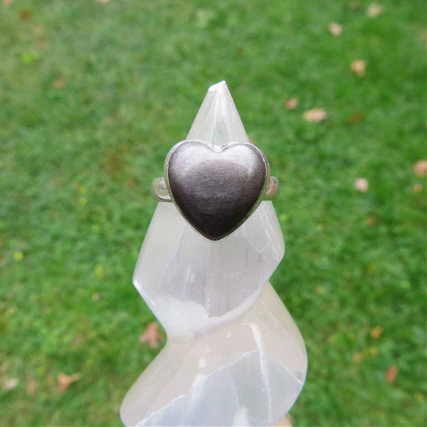 Silver Sheen Obsidian Heart Ring in Sterling Silver