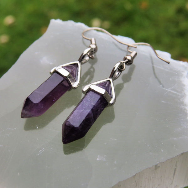 Small Crystal Point Earrings - Purple Amethyst Healing Stone Earrings