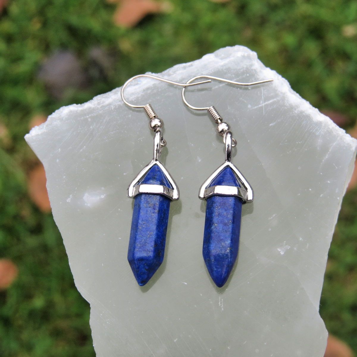Lapis Lazuli Crystal Point Earrings in Silver Healing Stone Earrings Crystalline Dream