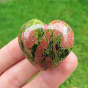 Unakite Carved Crystal Heart Stone - Pink/Green Puffy Heart Crystal