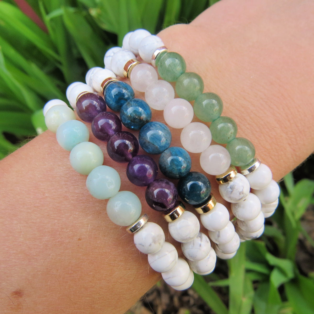 White Stone Beaded Crystal Bracelet | Calming Howlite + Stone of Choice 7.5 Large / ite (Light Blue) / Silver Plated Bead