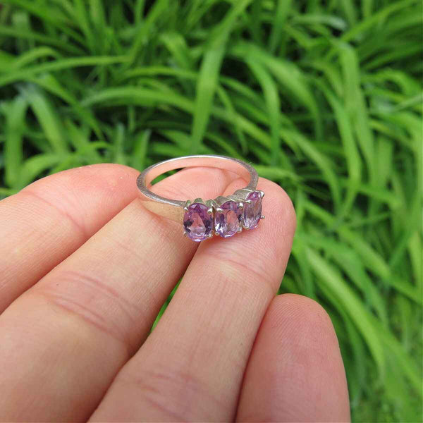 Amethyst Crystal Ring Sterling Silver 3 Stone