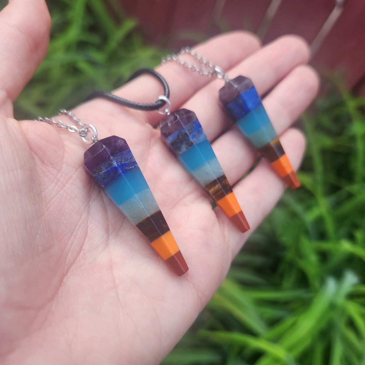 7 Chakra Crystal Pendulum Necklaces on Black Cord and Stainless Steel Chain