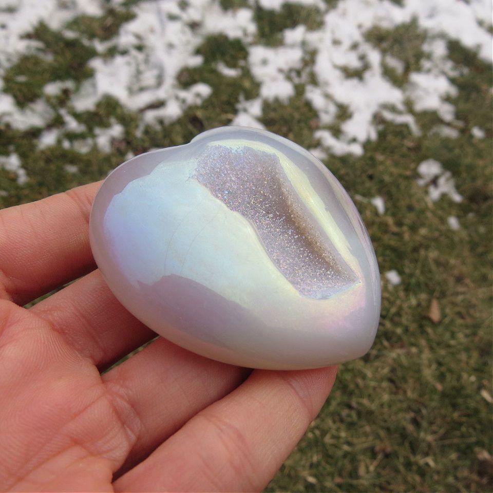 Aura Agate Crystal Heart Carving with Druzy