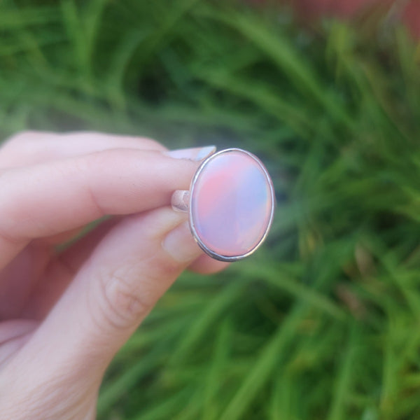 Aurora Opal Stone Ring Sterling Silver Band
