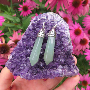 Aventurine Crystal Point Earrings Silver - Large