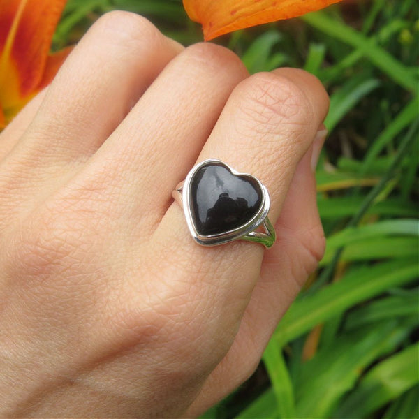 Black Onyx Stone Heart Ring Sterling Silver
