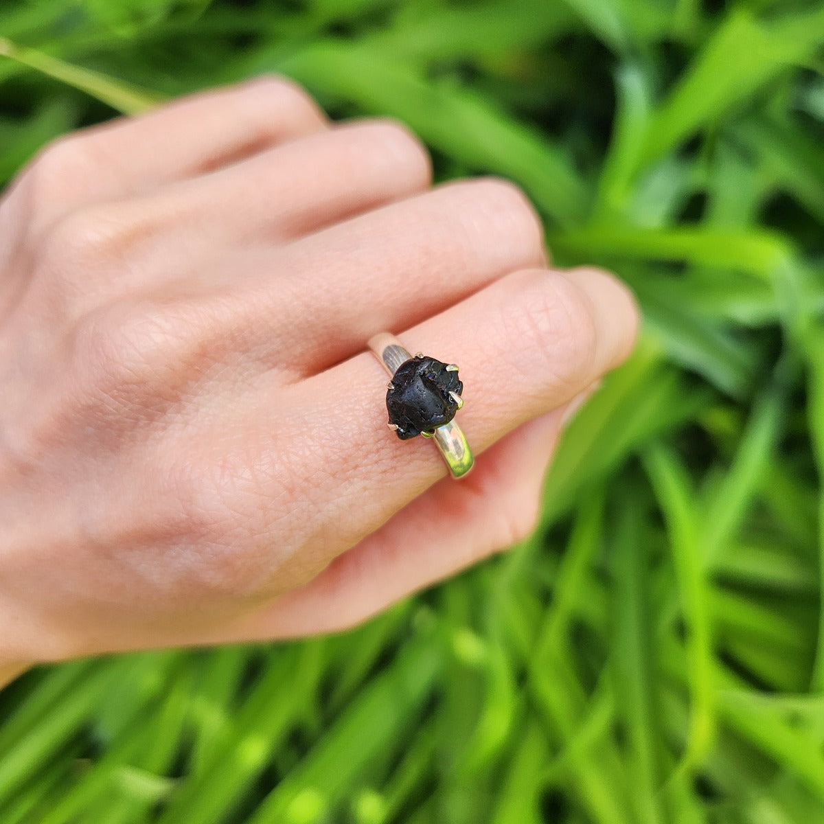 Raw Black Tourmaline Ring in Sterling Silver Size 8.25 - Grounding & Protection Stone Jewelry