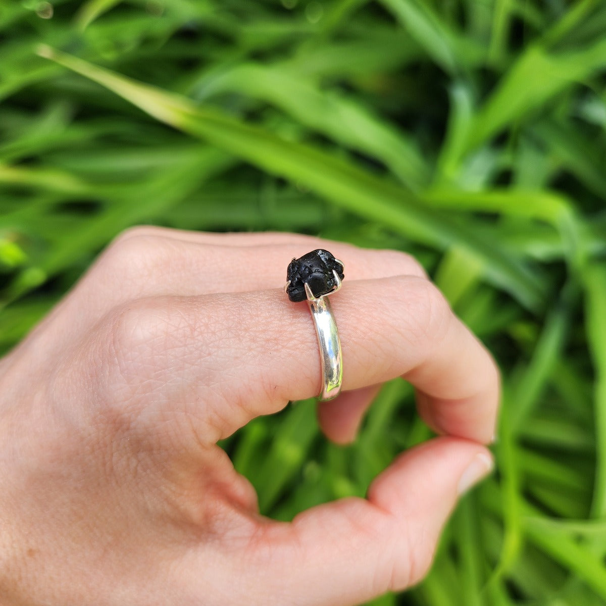 Raw Black Tourmaline Ring in Sterling Silver Size 8.25 - Grounding & Protection Stone Jewelry