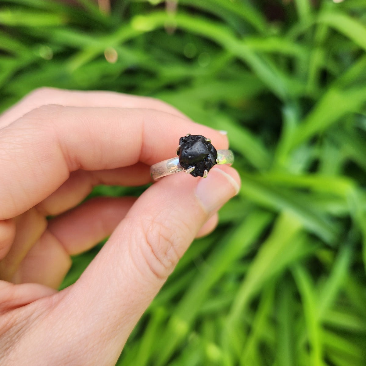 Raw Black Tourmaline Ring in Sterling Silver Size 8.25 - Grounding & Protection Stone Jewelry