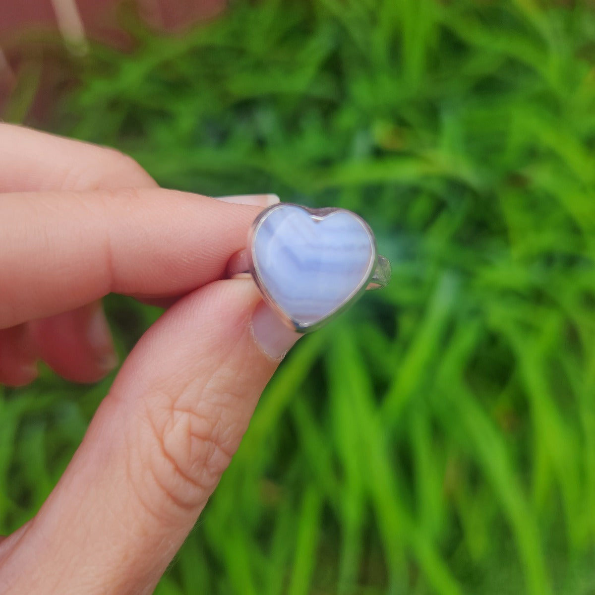 Blue Lace Agate Heart Crystal Ring in Sterling Silver Size 7.25