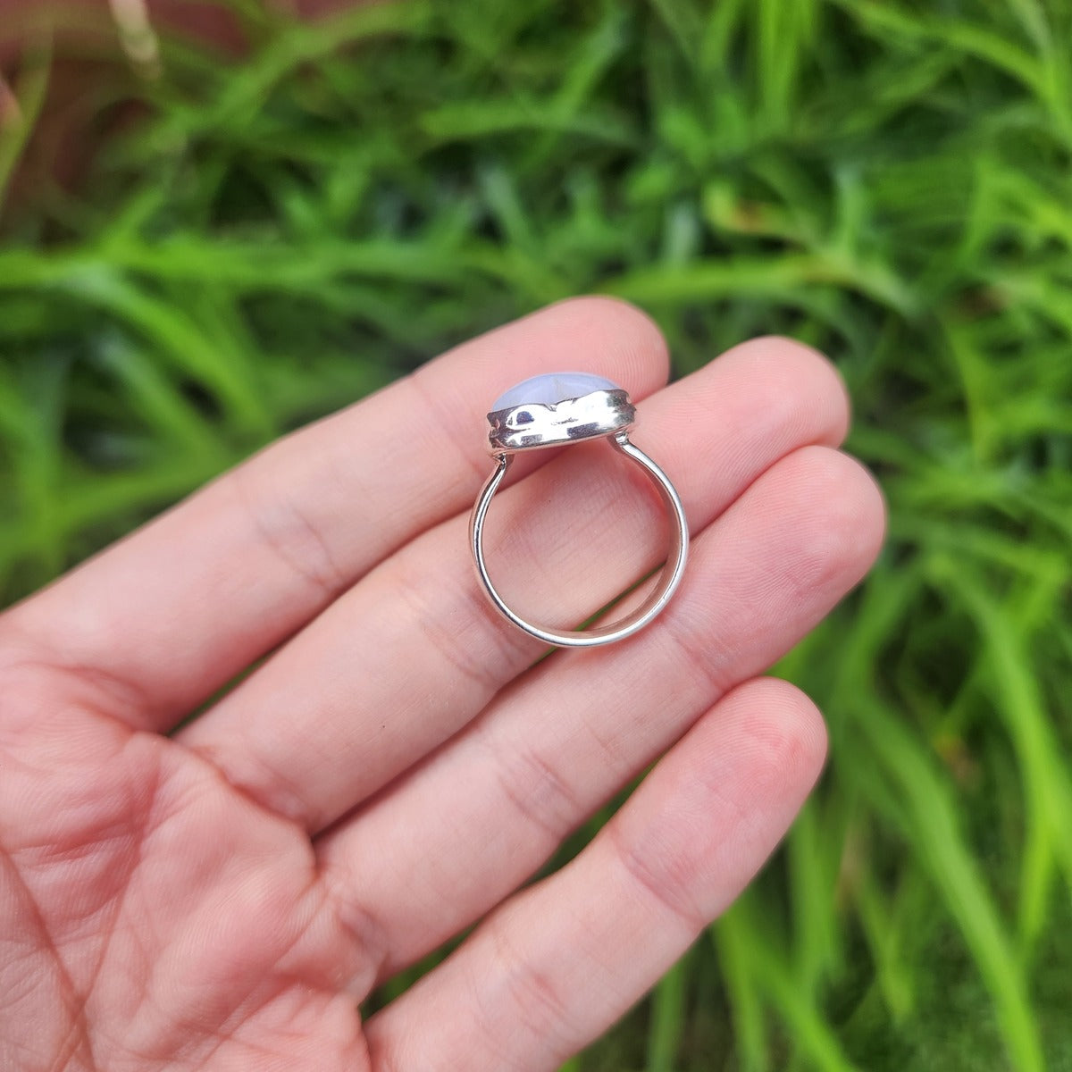 Blue Lace Agate Heart Crystal Ring in Sterling Silver Size 7.25