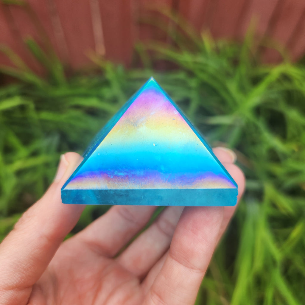 Blue Rainbow Aura Quartz Crystal Pyramid