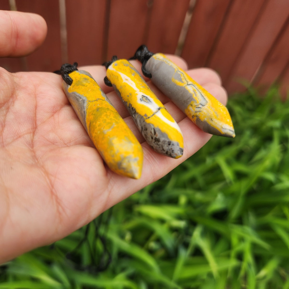 Bumble Bee Jasper Crystal Point Necklace on Black Cord