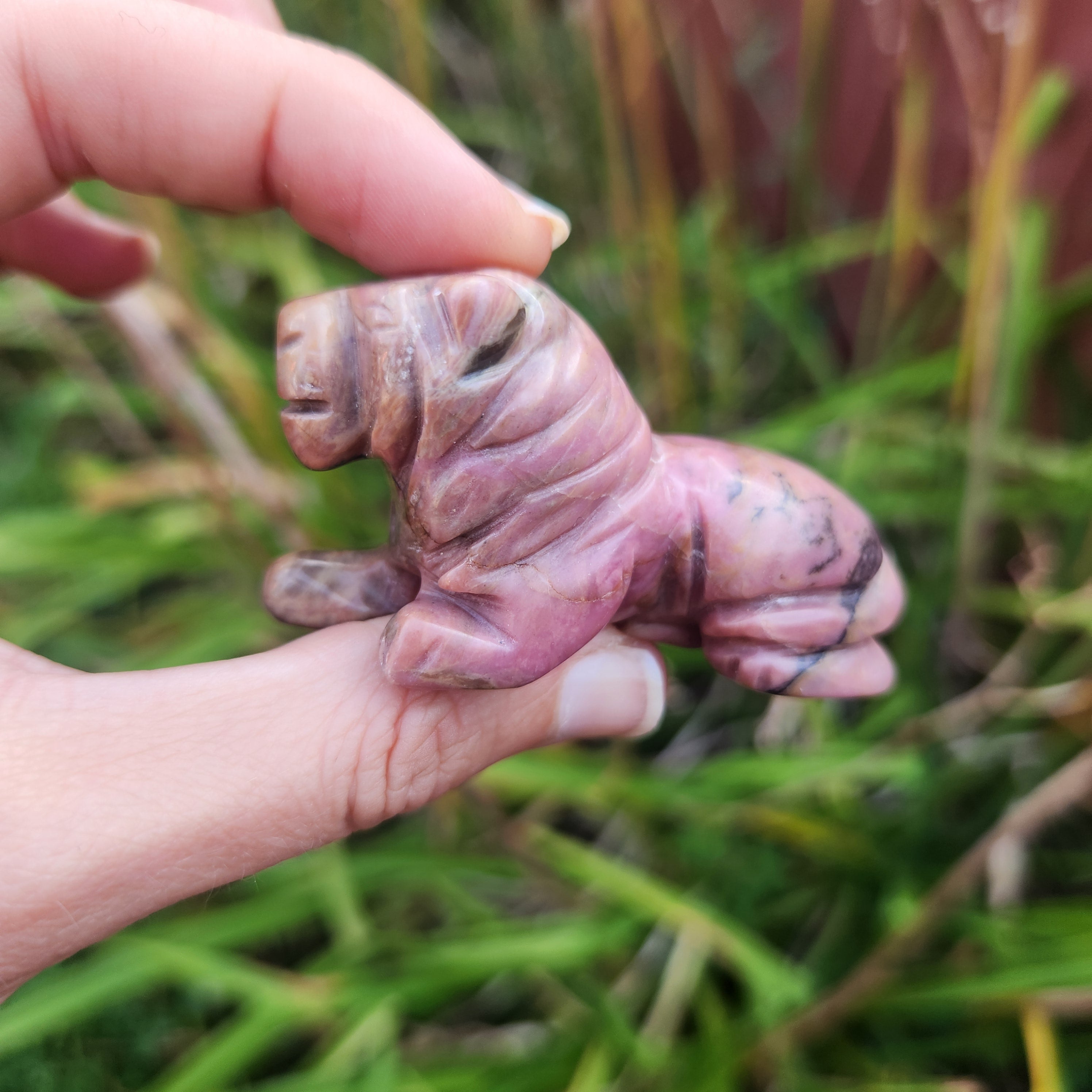 Rhodonite Crystal Lion Stone Carving