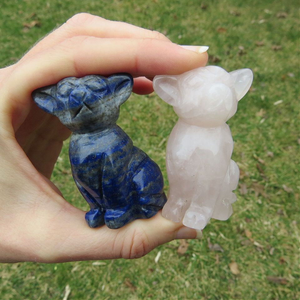 Chihuahua Crystal Dog Carving in Lapis Lazuli or Rose Quartz Stone 2"