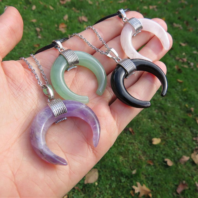 Crystal Crescent Moon Necklace w/ Half Moon Stone