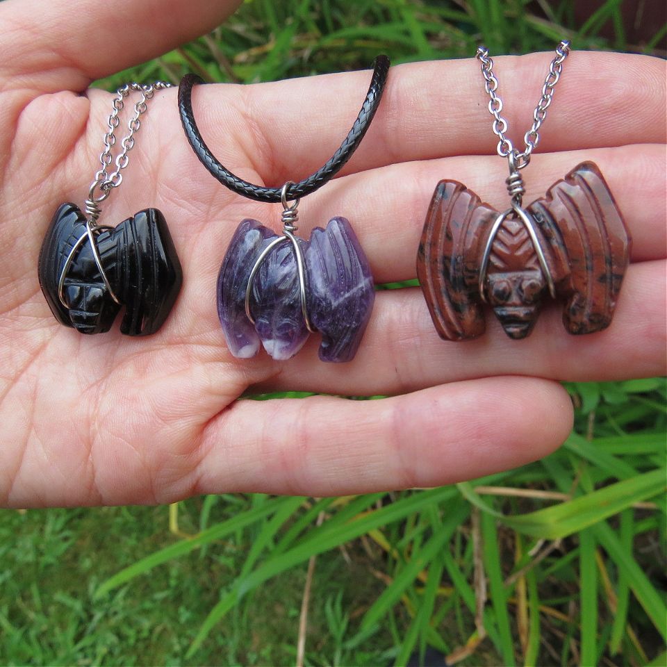 Crystal Bat Wrapped Stone Animal Necklace