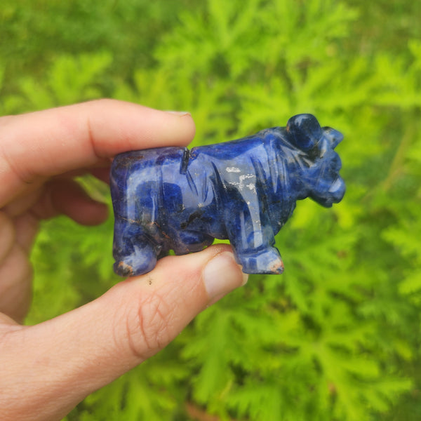 Blue Crystal Cow Animal Carving in Sodalite Stone