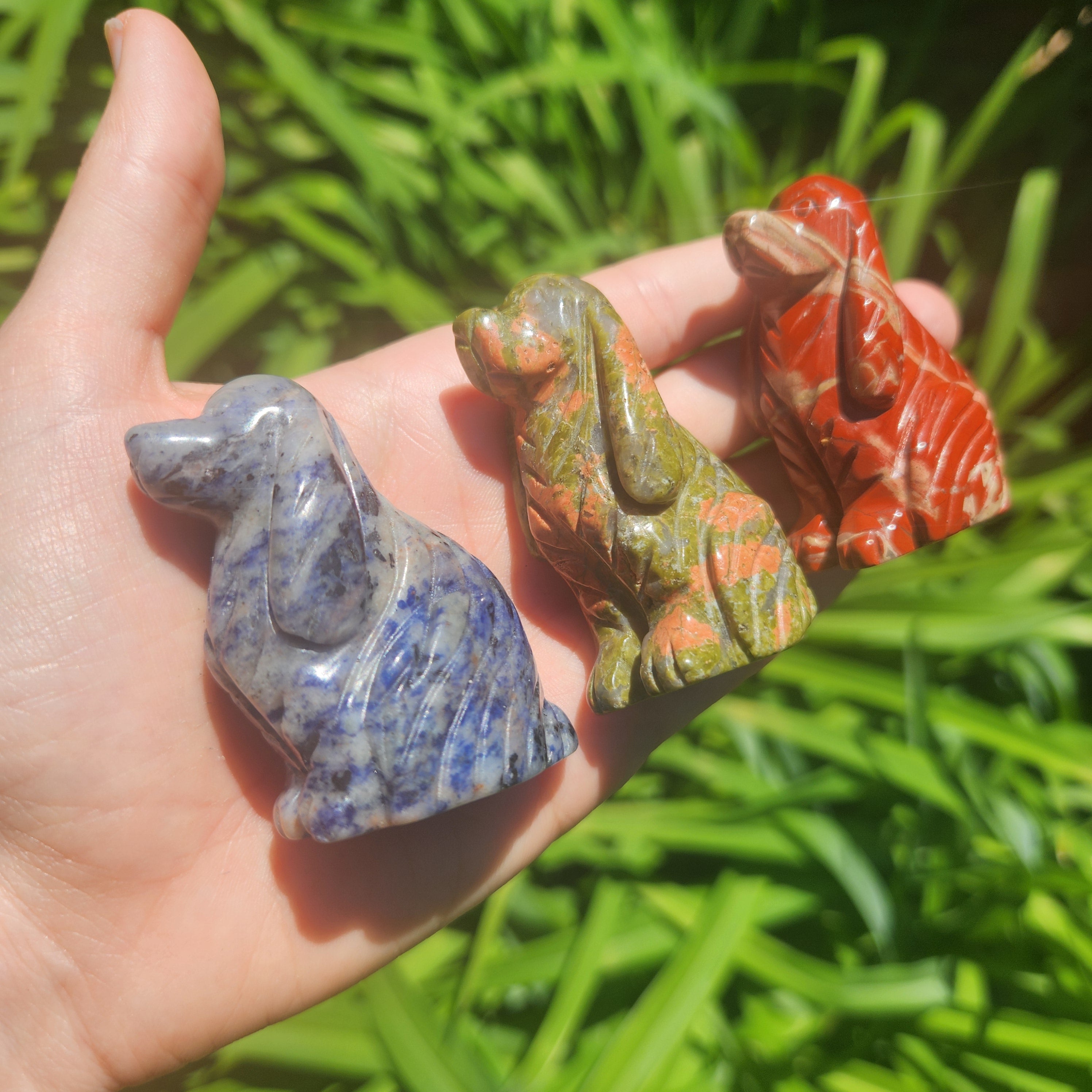 Crystal Dog Carving in Sodalite, Unakite and Red Jasper