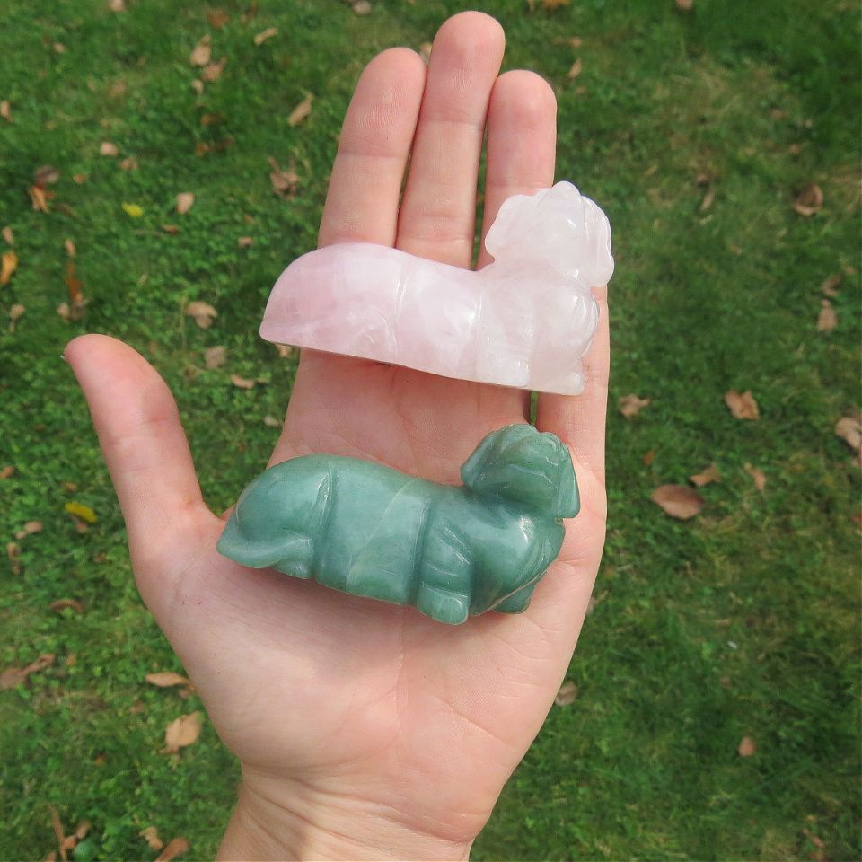 Dachshund Crystal Dog Figurine - Rose Quartz and Aventurine