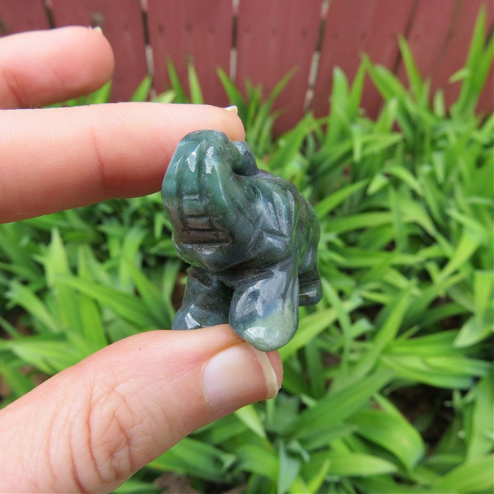 Moss Agate Crystal Elephant Stone Carving | Crystal Animal Figurine