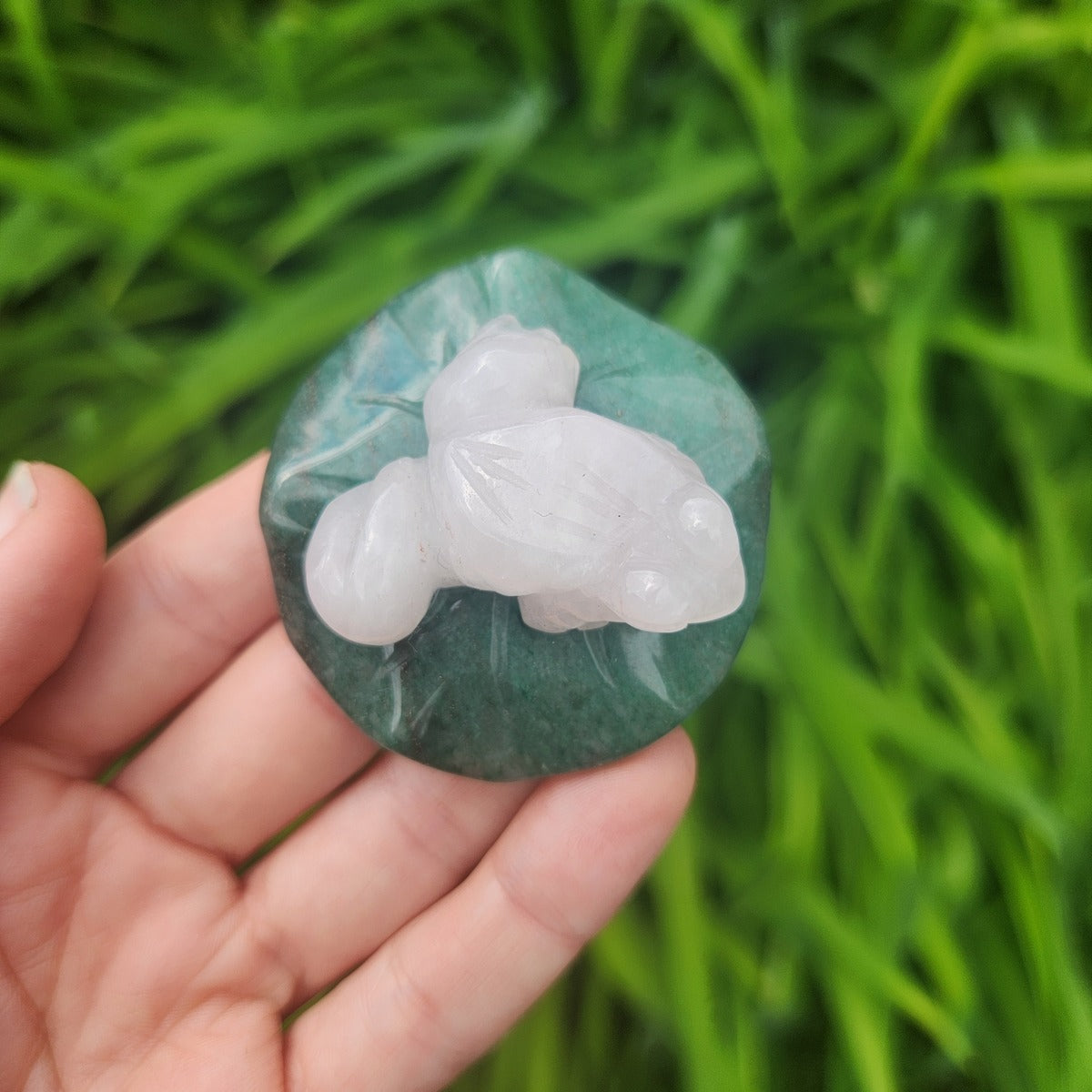Rose Quartz Crystal Frog on Lily Pad Carving