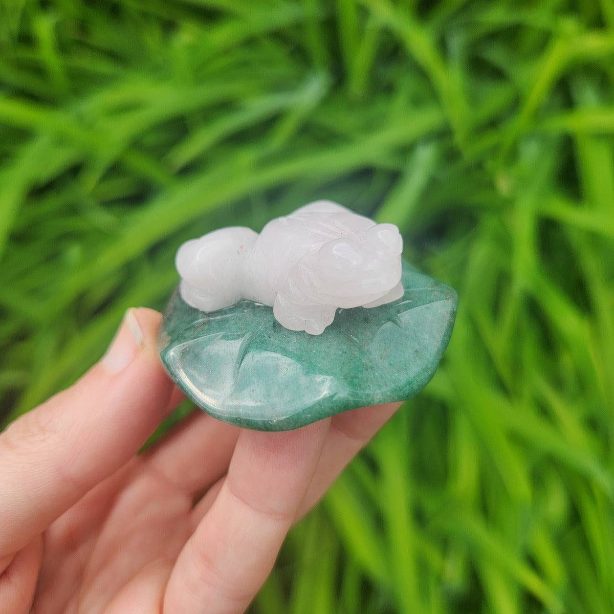Rose Quartz Crystal Frog on Aventurine Lily Pad