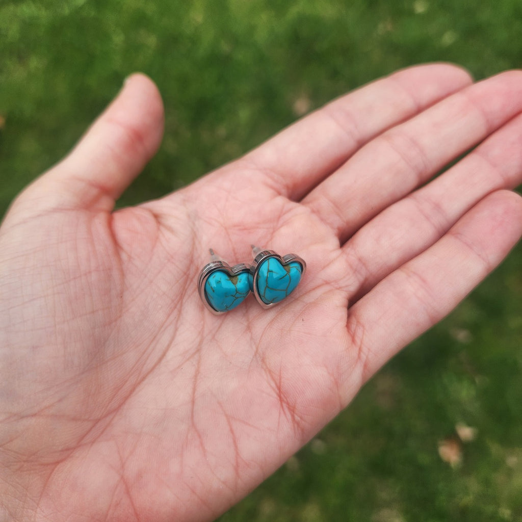 Blue Howlite Crystal Heart Stone Stud Earrings in Stainless Steel