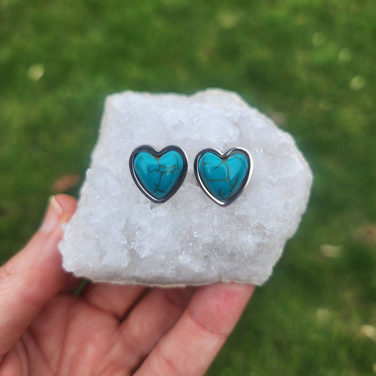 Blue Howlite Crystal Heart Earrings Stainless Steel